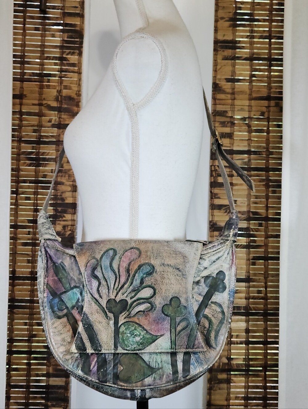 Vintage Brit Rosen Hand Painted Leather Shoulder Bag Floral Art Half Moon Boho